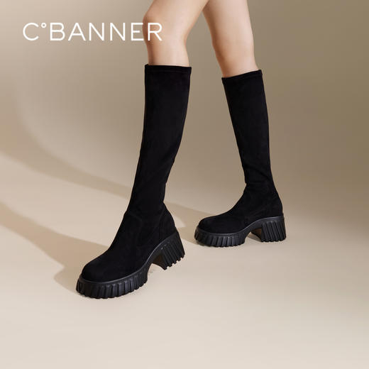 千百度厚底高筒弹力靴袜靴女冬季瘦瘦靴增高显瘦气质长靴A24506325 商品图0