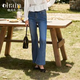 OLrain欧芮儿弹力喇叭裤女初秋2024年新款牛仔蓝休闲风百搭长裤