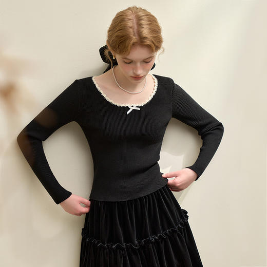 法式浪漫撞色花边蝴蝶结长袖针织衫女早春修身短款上衣V4342657 商品图2