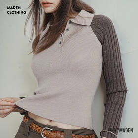 马登美式拼接插肩袖针织衫格雷系修身显瘦打底毛衣翻领内搭春秋女