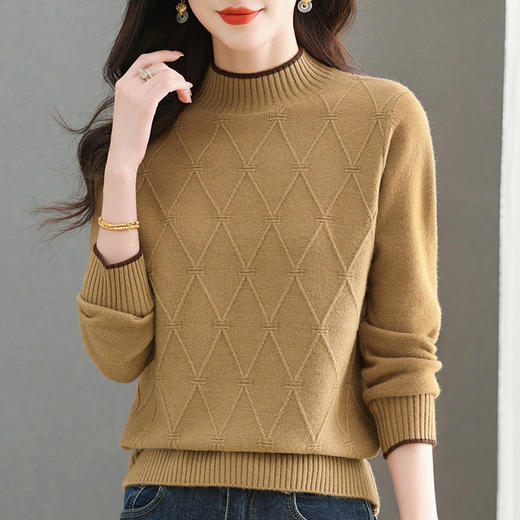 CC-101-98972半高领提花女士慵懒针织衫秋冬新款宽松厚款保暖内搭套头打底毛衣 商品图1