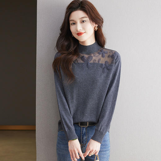 CC-17-2239春秋针织打底衫女士2024新款洋气时尚蕾丝刺绣花内搭长袖t恤上衣 商品图2