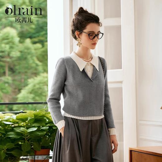 OLrain欧芮儿灰色套头毛衣女秋季2024年新款通勤百搭假两件针织衫 商品图0