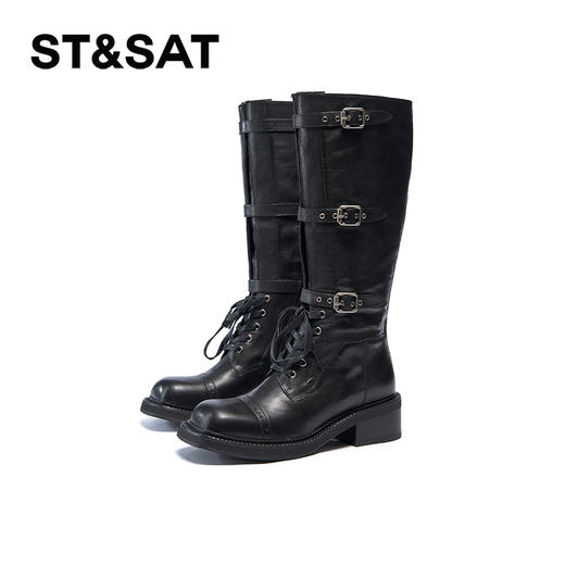 星期六潮流褶皱感复古扣带显瘦长筒靴SSC4117379 商品图6