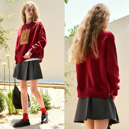 OLrain欧芮儿红色卫衣女秋季2024年新款减龄宽松圆领休闲风上衣 商品图1