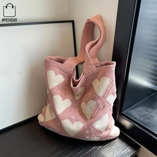【轻甜手工编织，婉转爱心图案，感受心曼自然】新款ins包包针织包 爱心图案包编织包大容量托特包-QQ 商品图2