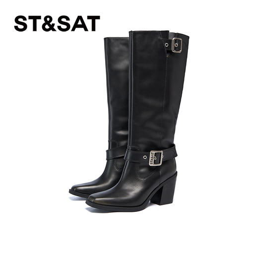 星期六时尚简约扣带粗跟显瘦长筒靴SSC4117373 商品图1
