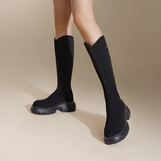 千百度厚底潮流弹力袜靴女冬季增高长靴瘦瘦靴A24537539 商品图2