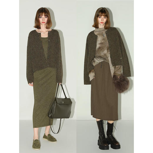 COCOBELLA苔藓绿仿牛绒质感毛衣女软糯小香风针织外套MZ599 商品图2