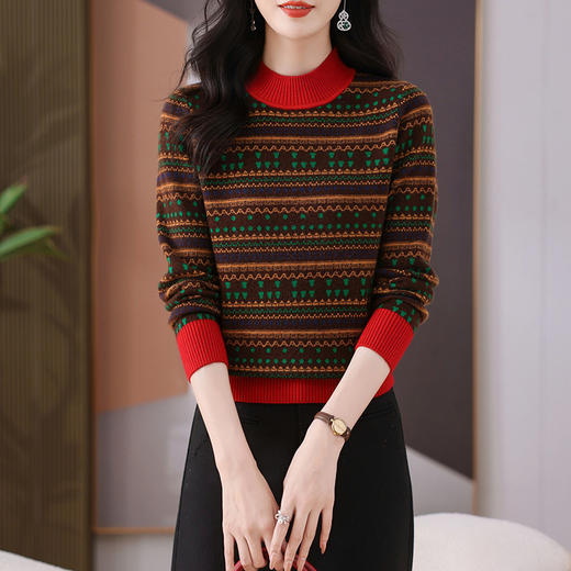 CC-103-77116秋冬2024新款女士洋气半高领提花打底针织衫宽松显瘦毛衣 商品图0