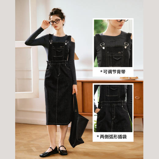 
OLrain欧芮儿黑色背带连衣裙女秋季2024年新款复古百搭直筒牛仔裙 商品图2