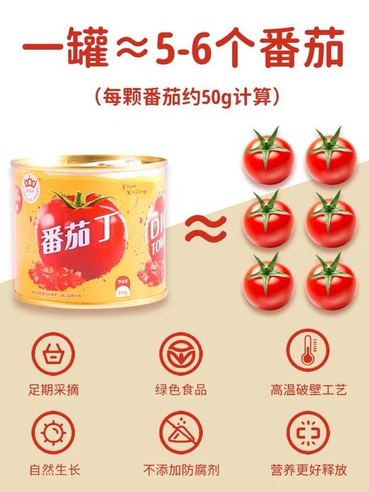 无添加-新疆冠农番茄丁~自然成熟，去皮纯番茄块，无人工色素成分，无防腐剂，口感新鲜，宛如现摘一般。无论炒菜还是烧汤，都别具风味。 商品图6