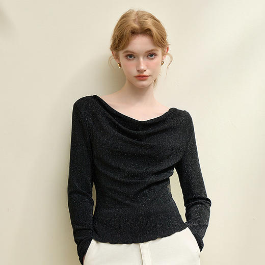 复古摩登设计感亮丝烫钻荡领长袖T恤女针织上衣V4243199 商品图4