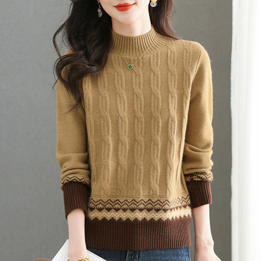 CC-101-98973秋冬半高领麻花毛衣女时尚小个子内搭新款宽松拼色外穿针织打底衫 商品图1