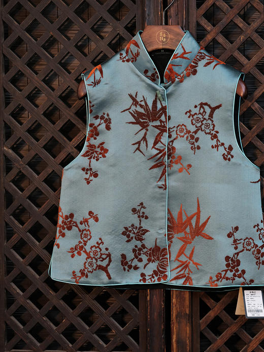 盛唐牡丹| 宝石蓝底色真丝漳绒马甲 商品图1