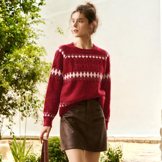 OLrain欧芮儿红色圆领毛衣女秋季2024年新款森系慵懒风套头上衣 商品图3