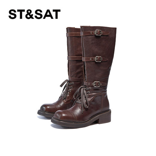 星期六潮流褶皱感复古扣带显瘦长筒靴SSC4117379 商品图7