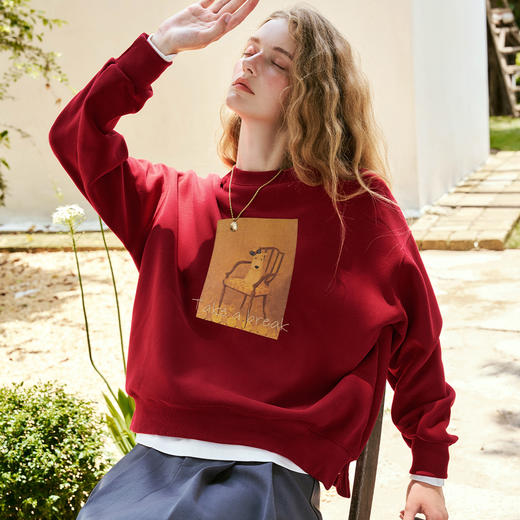 OLrain欧芮儿红色卫衣女秋季2024年新款减龄宽松圆领休闲风上衣 商品图3