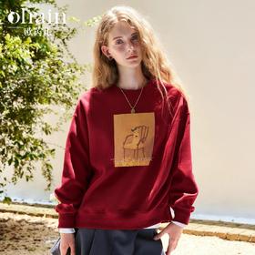 OLrain欧芮儿红色卫衣女秋季2024年新款减龄宽松圆领休闲风上衣