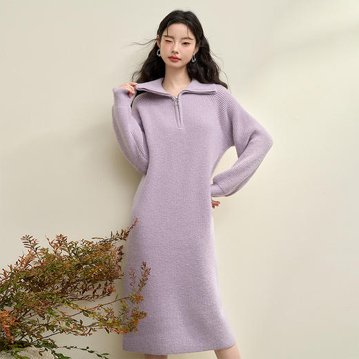 慵懒感半开拉链半高领长袖连衣裙女秋季宽松直筒针织裙V4242911 商品图0