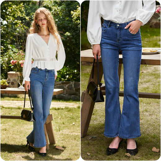 OLrain欧芮儿弹力喇叭裤女初秋2024年新款牛仔蓝休闲风百搭长裤 商品图1