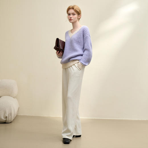法式优雅气质拼色针织毛衣女秋季加厚宽松V领毛衣V4242914 商品图1