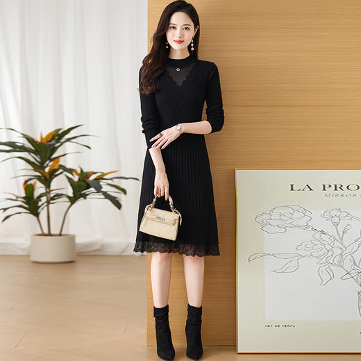 CC-LZ-8158中长款蕾丝针织连衣裙秋冬2024新款收腰显瘦配大衣内搭打底毛衣裙 商品图2