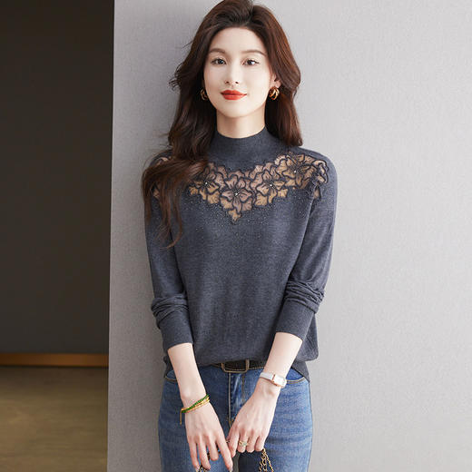 CC-17-2240蕾丝打底衫女士2024新款洋气刺绣花针织衫镶钻上衣半高领内搭t恤 商品图2