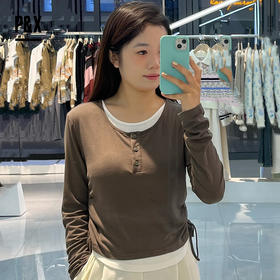 P&X设计师女装秋季长袖打底假两件短款T恤 824302190 绿色