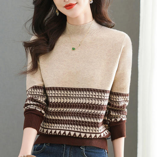 CC-101-98966半高领女士毛衣秋冬季新款拼色慵懒风上衣条纹软糯内搭针织打底衫 商品图3