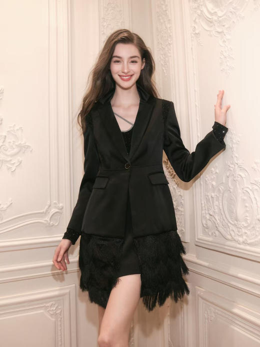 黑色醋酸流苏长西装外套 商品图1