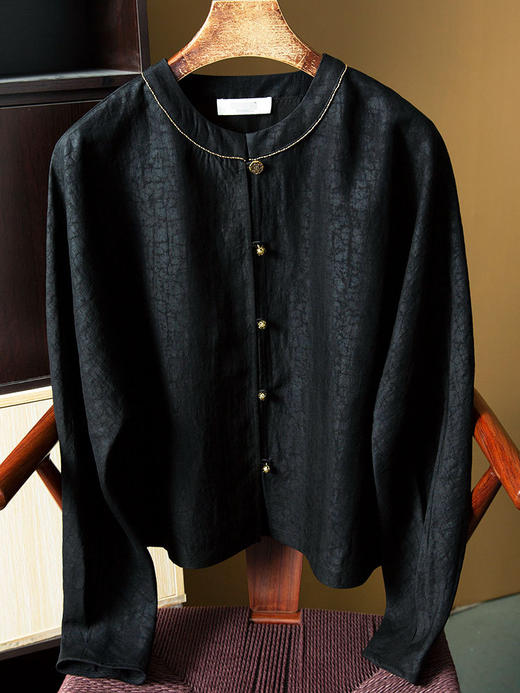 丁摩 桑蚕丝非遗香云纱龟纹上衣 气质单排扣宽松显瘦真丝圆领外套4ZF-053 商品图5