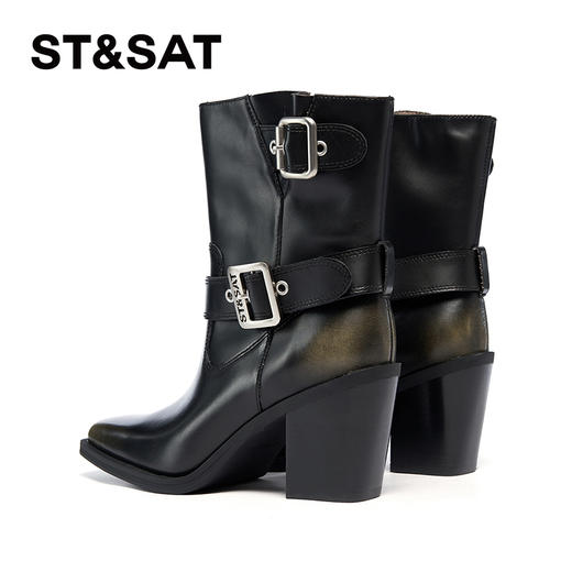 星期六复古擦色鞋面时髦粗跟牛仔靴SSC4116426 商品图5