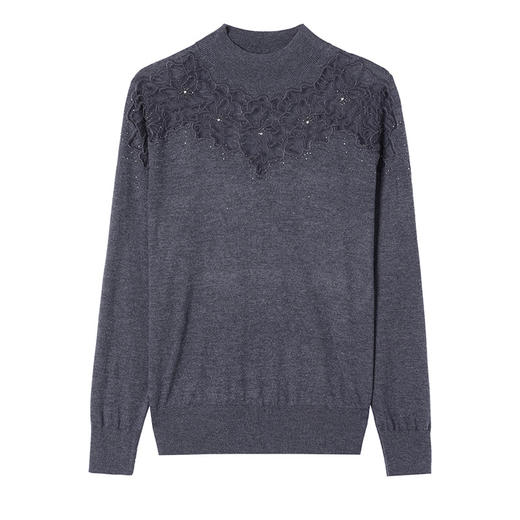 CC-17-2240蕾丝打底衫女士2024新款洋气刺绣花针织衫镶钻上衣半高领内搭t恤 商品图4