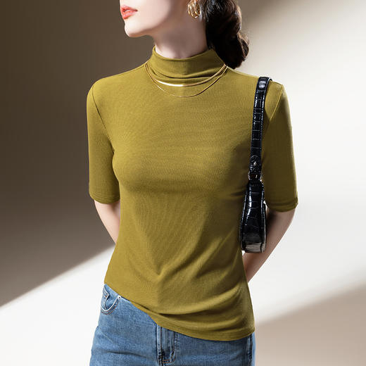 中袖t恤气质半高领打底衫，收腰内搭五分袖纯色上衣SG-DY331357 商品图2