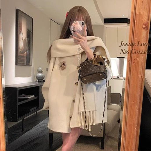 西遇中长款米色斗篷大衣女秋季新款保暖简约设计感毛呢外套SS141158 商品图2