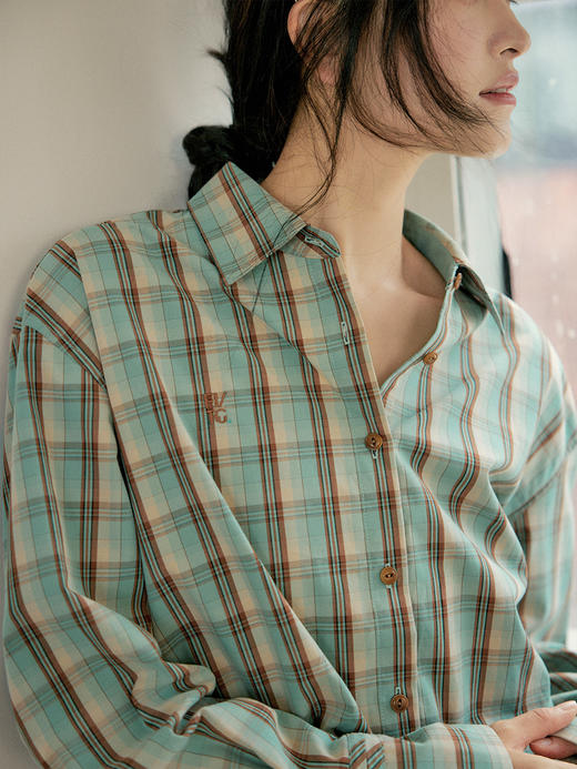 Even Vintage|复古奶咖绿 全棉碳素磨毛经典格纹刺绣logo百搭衬衫 商品图2