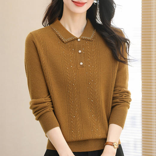 CC-38-6275简约大码100纯羊毛娃娃领减龄秋冬新款宽松女士针织打底衫厚毛衣 商品图3