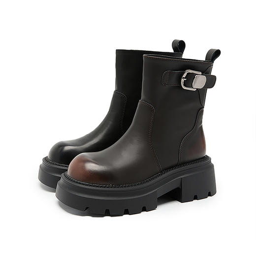 西遇厚底短靴女小个子新款秋冬炸街英伦马丁靴黑色圆头瘦瘦靴D3947719 商品图4