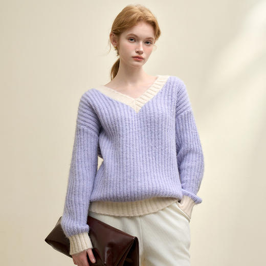 法式优雅气质拼色针织毛衣女秋季加厚宽松V领毛衣V4242914 商品图2