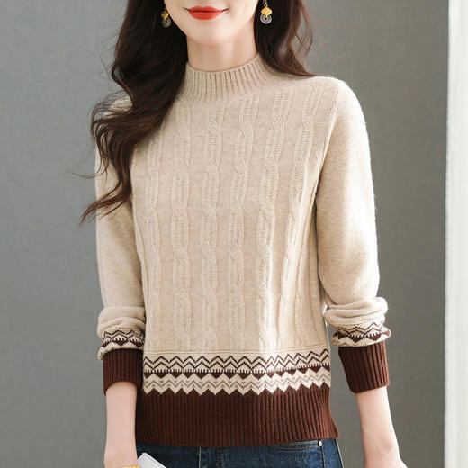 CC-101-98973秋冬半高领麻花毛衣女时尚小个子内搭新款宽松拼色外穿针织打底衫 商品图3