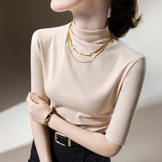 中袖t恤气质半高领打底衫，收腰内搭五分袖纯色上衣SG-DY331357 商品图1