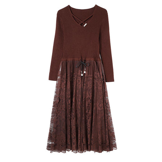 CC-LZ-8161蕾丝针织连衣裙女长款春秋2024新款遮肉显瘦内搭配大衣打底毛衣裙 商品图4