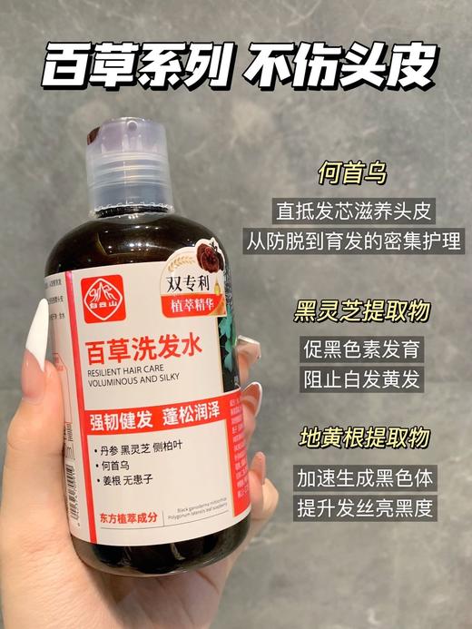 【白云山百草洗发水】不用染发也能回归妈生发的秘密武器，某书某宝上好评率100%!一头白发、脆弱受损发质的姐妹必备，蓬松润泽，清洁控油，强健发根，乌黑浓密 商品图3