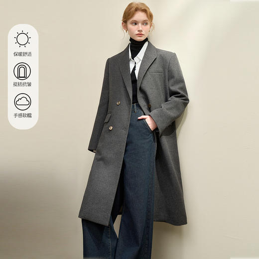 英伦大翻领双排扣中长款大衣女秋季厚实保暖呢料外套V4342910 商品图0