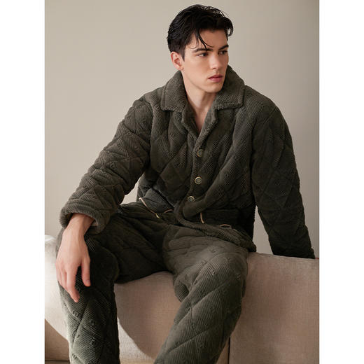 芬腾男士睡衣冬季三层加厚夹棉珊瑚绒套装加绒保暖秋冬棉袄家居服 商品图3