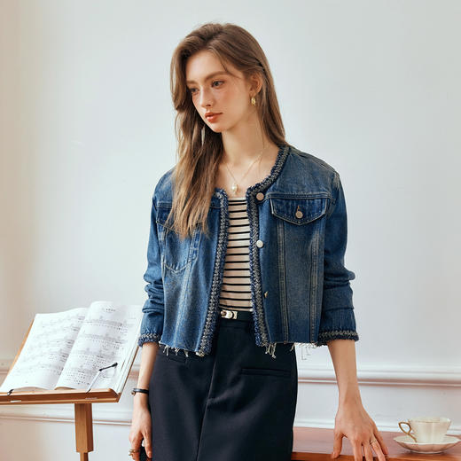 OLrain欧芮儿蓝色牛仔外套女早秋2024年新款手工编织小香风上衣 商品图3