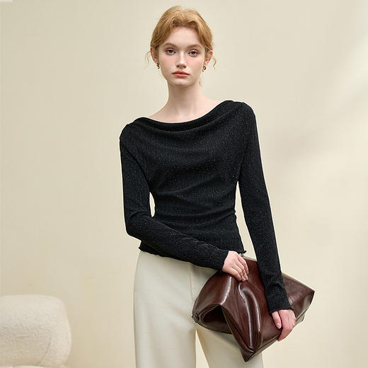 复古摩登设计感亮丝烫钻荡领长袖T恤女针织上衣V4243199 商品图0
