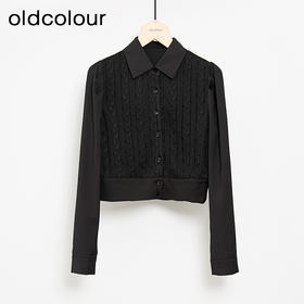 oldcolour黑色气质百搭高级感翻领短款长袖针织拼接衬衫女GN31013804