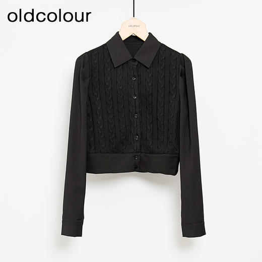oldcolour黑色气质百搭高级感翻领短款长袖针织拼接衬衫女GN31013804 商品图0